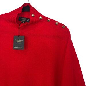 Charter Club 100% Cashmere Red Mock Neck Poncho with Gold Button Detail - NWT